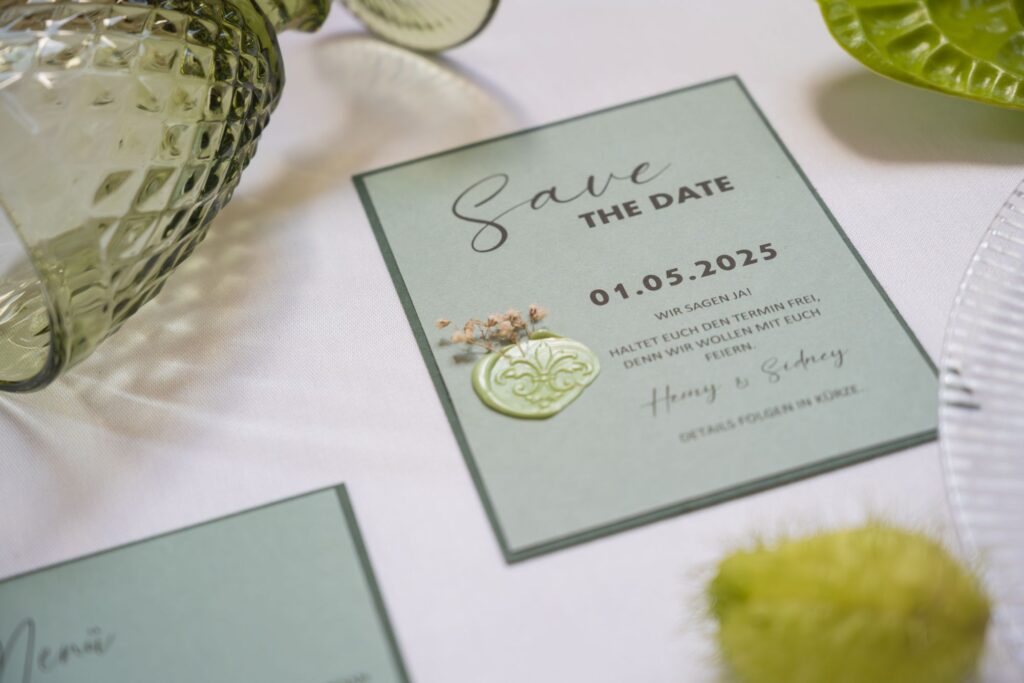 Edle Hochzeitspapeterie in Weiß und Grün auf dem gedeckten Tisch arrangiert